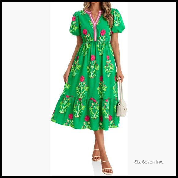 Dresses & Skirts - Summer Floral Maxi Dress with Puff Sleeves and V-Neck